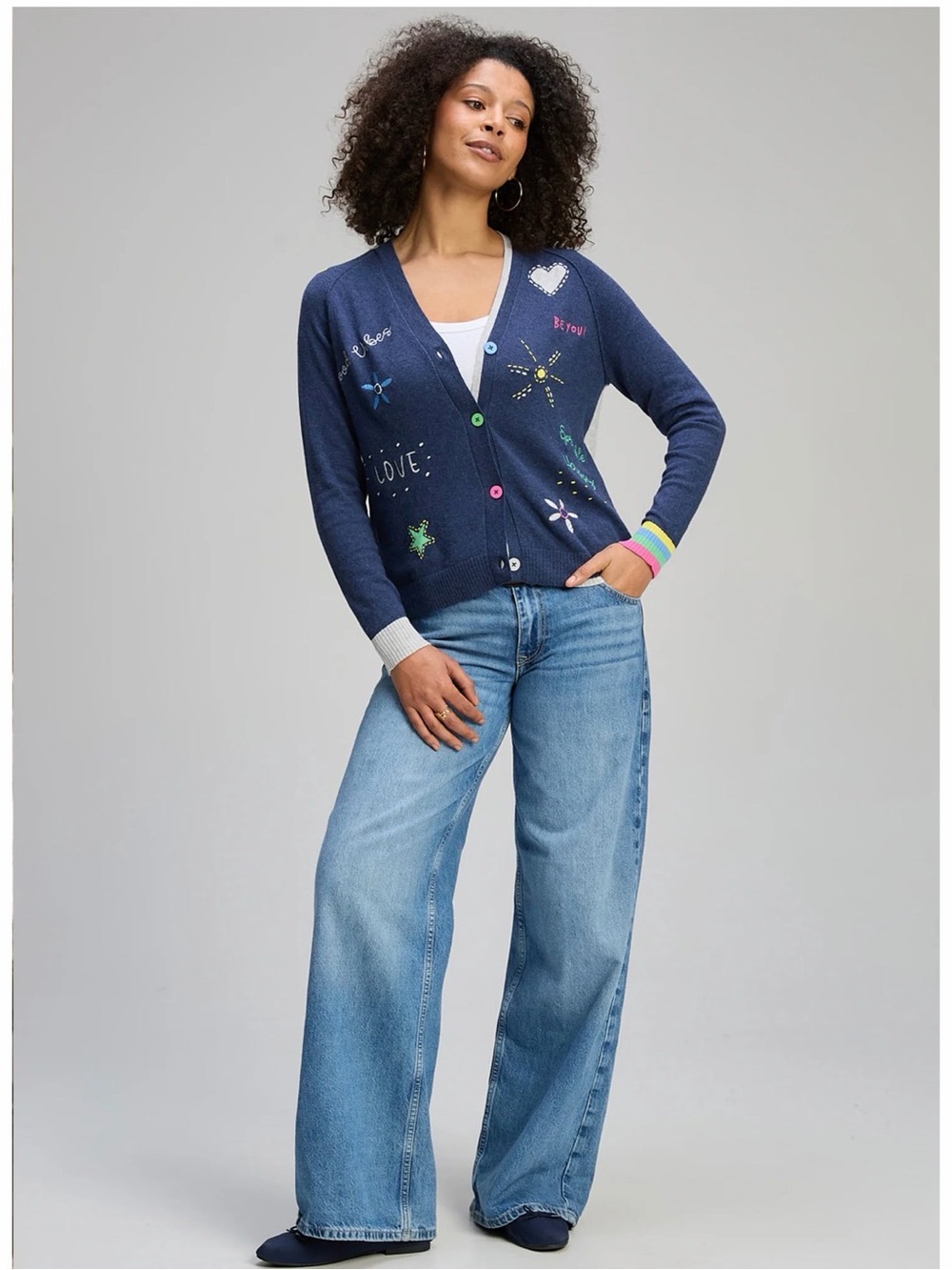 Zaket & Plover Good Vibes Cardigan Cotton Cashmere Embroidered Whimsical Large